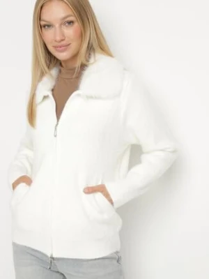 Jasnobeżowy Kardigan z Wełną z Futrzanym Kołnierzem Zapinany na Suwak Sistte j&x