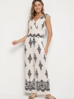 Jasnobeżowy Kombinezon w Orientalny Wzór z Dekoltem w Serek Izena j&x