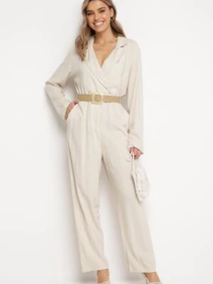 Jasnobeżowy Kombinezon z Kopertową Górą z Paskiem Plecionki i Dopasowanymi Nogawkami Ifnaa rosa