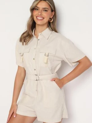 Jasnobeżowy Kombinezon z Lnem i Wiskozą z Koszulową Górą i Materiałowym Paskiem z Klamrą Lolefia bisou's project