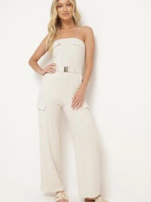 Jasnobeżowy Kombinezon Zwężany w Talii Lnem i Wiskozą Qurefia bisou's project