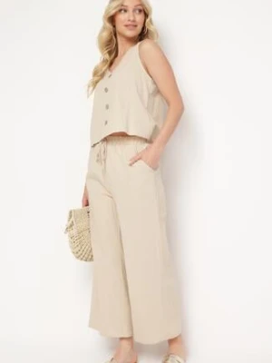 Jasnobeżowy Komplet Bawełniany Koszulka bez Rękawów z Guzikami Spodnie z Gumką w Pasie Juliancella