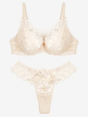 Jasnobeżowy Komplet Bielizny z Koronką i Kokardkami Biustonosz i Stringi Nasorinne