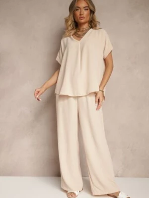 Jasnobeżowy Komplet Bluzka i Luźne Spodnie z Wiskozą i Kieszonkami Efraria defox