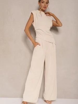 Jasnobeżowy Komplet Bluzka z Poduszkami w Ramionach i Proste Spodnie z Gumką w Pasie Divanes allyson