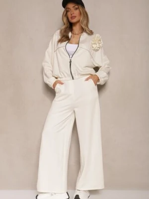 Jasnobeżowy Komplet Dresowy z Wiskozą Spodnie o Szerokim Kroju i Bluza z Broszką Redaella pretty