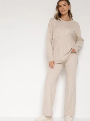 Jasnobeżowy Komplet Dzianinowy z Bawełną i Wełną Spodnie i Warkoczowy Sweter Errela