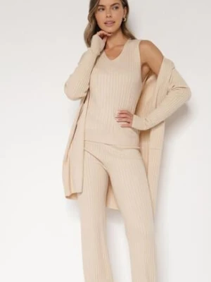 Jasnobeżowy Komplet Dzianinowy z Bawełną Spodnie Kamizelka i Długi Kardigan Meviravia j&x