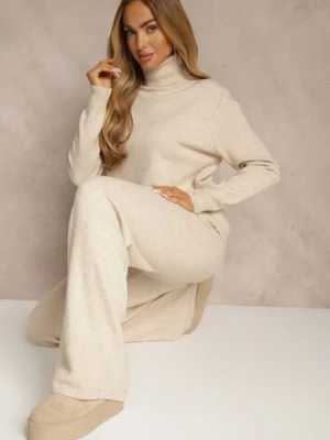 Jasnobeżowy Komplet Dzianinowy z Wełną i Bawełną Szerokie Spodnie i Golf Lennria