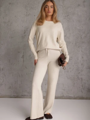 Jasnobeżowy Komplet Dzianinowy z Wiskozą Longsleeve i Luźne Spodnie Mirette M&d Fashion