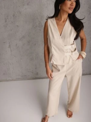 Jasnobeżowy Komplet Garniturowy Spodnie Wide Leg i Kamizelka z Paskami z Klamrami Sartora m&d fashion
