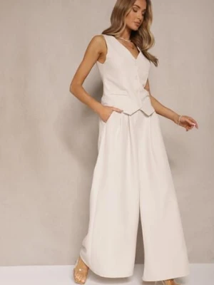 Jasnobeżowy Komplet Garniturowy z Kamizelką i Spodniami o Szerokim Kroju Ravirana new collection