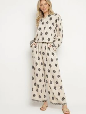 Jasnobeżowy Komplet Oversize z Wiskozą Koszula i Spodnie Zdobione Etnicznym Wzorem Janileva m&d fashion