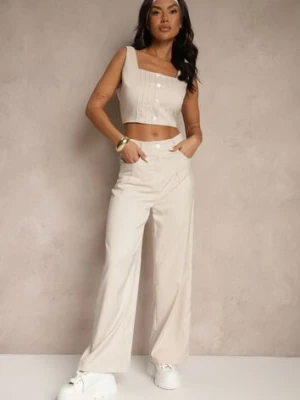 Jasnobeżowy Komplet Top Zdobiony Guzikami i Spodnie o Szerokim Kroju Liracelle j&x