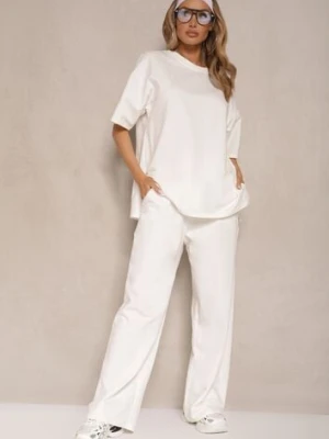 Jasnobeżowy Komplet z Bawełny T-shirt z Rozcięciami i Spodnie o Szerokim Kroju Elpiola jumelle