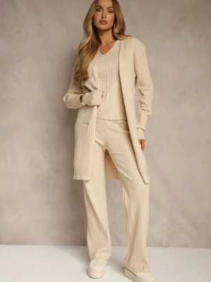 Jasnobeżowy Komplet z Dzianiny z Bawełną Spodnie Kamizelka i Długi Kardigan Mevalinia