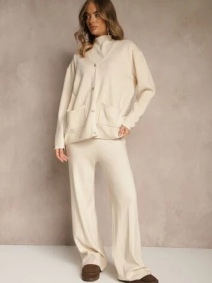 Jasnobeżowy Komplet z Dzianiny z Bawełną Spodnie Kardigan i T-shirt z Golfem Ralonia j&x