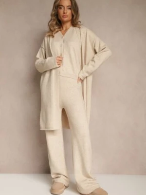 Jasnobeżowy Komplet z Dzianiny z Wełną Długi Kardigan Spodnie i Kamizelka Otizane j&x