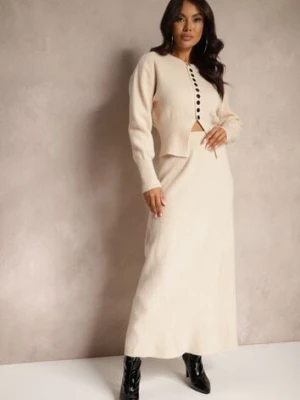 Jasnobeżowy Komplet z Dzianiny z Wełną Kardigan z Guzikami i Spódnica z Gumką w Talii Melzina