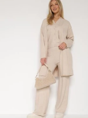 Jasnobeżowy Komplet z Dzianiny z Wełną Spodnie Kardigan i Kamizelka na Guziki Meviseffa