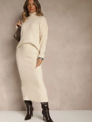 Jasnobeżowy Komplet z Dzianiny z Wełną w Prążki Golf i Ołówkowa Spódnica Falirea j&x