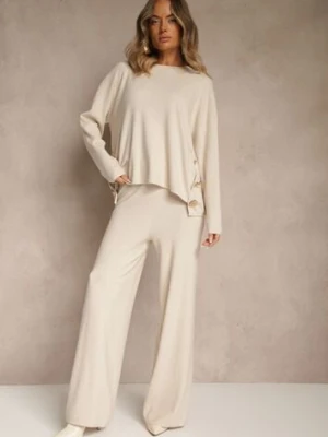 Jasnobeżowy Komplet z Dzianiny z Wiskozą Spodnie Wide Leg i Sweter ze Zdobieniami Miomea elsa.m by may