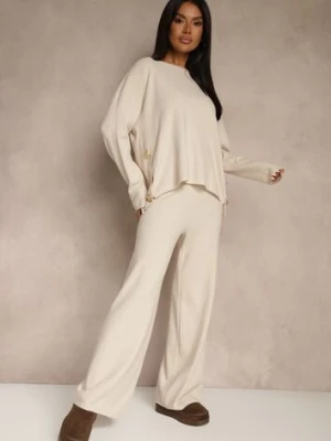 Jasnobeżowy Komplet z Dzianiny z Wiskozą Spodnie Wide Leg i Sweter ze Zdobieniami Miomea elsa.m by may