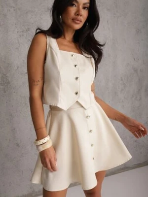 Jasnobeżowy Komplet z Kamizelką i Rozkloszowaną Spódnicą z Eleganckimi Guzikami Jenane m&d fashion