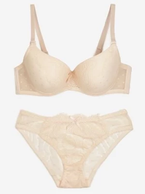 Beżowy Komplet z Koronką Figi i Usztywniany Biustonosz z Kokardami Iridorea