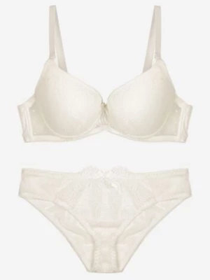 Jasnobeżowy Komplet z Koronką Figi i Usztywniany Biustonosz z Kokardami Iridorea