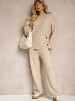 Jasnobeżowy Komplet z Wełną i Bawełną Spodnie o Szerokim Kroju Sweter z Guzikami i Rozcięciem Sialwen