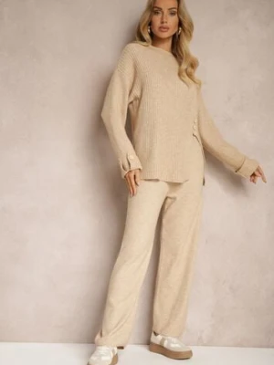Jasnobeżowy Komplet z Wełną i Bawełną Spodnie o Szerokim Kroju Sweter z Guzikami i Rozcięciem Sialwen