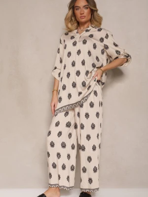 Jasnobeżowy Komplet z Wiskozą Oversize Koszula i Spodnie Zdobione Etnicznym Printem Janea M&d Fashion