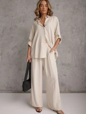 Jasnobeżowy Komplet z Wiskozy i Lnu w Delikatne Prążki Koszula i Spodnie Wide Leg Cliffesa m&d fashion
