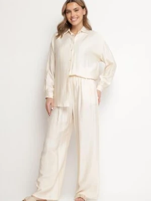 Jasnobeżowy Komplet z Wiskozy Koszula i Spodnie Sesanila defox
