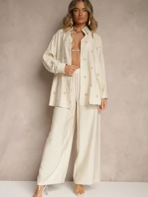 Jasnobeżowy Komplet z Wiskozy Koszula Zdobiona Haftem i Szerokie Spodnie Hanarella
