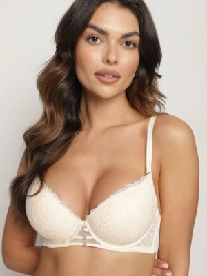 Beżowy Koronkowy Biustonosz Miseczka C Zapinany na Haftki Maileen