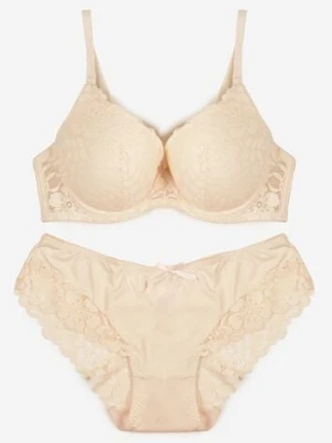 Jasnobeżowy Koronkowy Komplet Majtki Figi i Biustonosz Eziselle