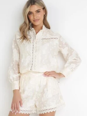 Jasnobeżowy Koronkowy Komplet z Szortami i Koszulą Evanilla