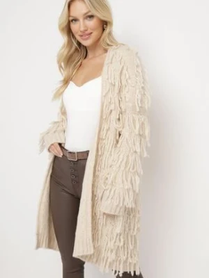 Jasnobeżowy Luźny Kardigan Niezapinany w Ozdobne Frędzle Tadesse lily rose