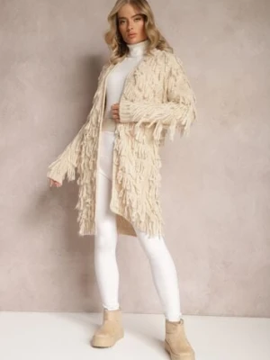 Jasnobeżowy Niezapinany Kardigan w Ozdobne Frędzle Massawa lily rose