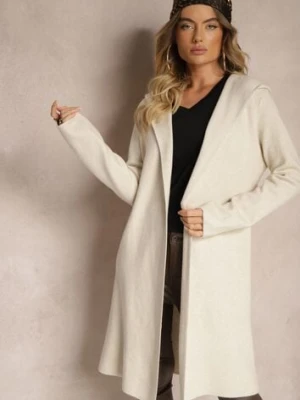 Jasnobeżowy Niezapinany Kardigan z Wiskozą o Długim Kroju z Kapturem Nevaliana wei wei