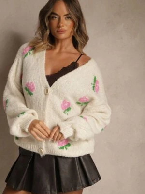 Jasnobeżowy Oversizowy Kardigan z Dodatkiem Wełny w Kwiaty Nelenesa jumelle