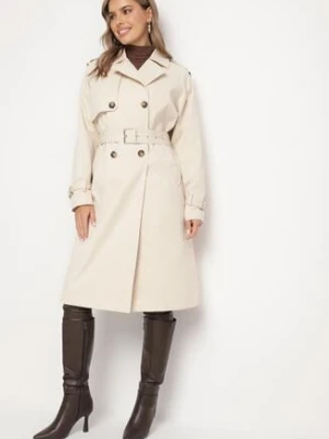 Jasnobeżowy Płaszcz Dwurzędowy Trencz Ozdobiony Paskiem i Pagonami Malwissa j.style