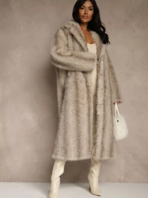 Jasnobeżowy Płaszcz Futerko o Jednorzędowym Fasonie Cataris