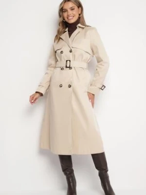 Jasnobeżowy Płaszcz Trencz Dwurzędowy Ozdobiony Paskiemz Klamrą Tinbella melya by melody