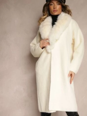 Jasnobeżowy Płaszcz z Dzianiny z Wełną Zdobiony Odpinanym Futrem Veliti wei wei