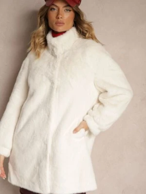 Jasnobeżowy Płaszcz z Futerka o Prostym Kroju ze Stójką i Kieszeniami Saliratia ann gissy