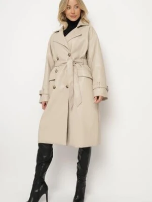 Jasnobeżowy Płaszcz z Imitacji Skóry z Dużym Kołnierzem i Paskiem Isatia ann gissy