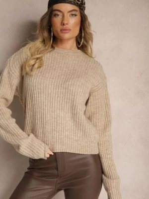 Beżowy Prążkowany Sweter o Klasycznym Pudełkowym Fasonie Omeita miss poem